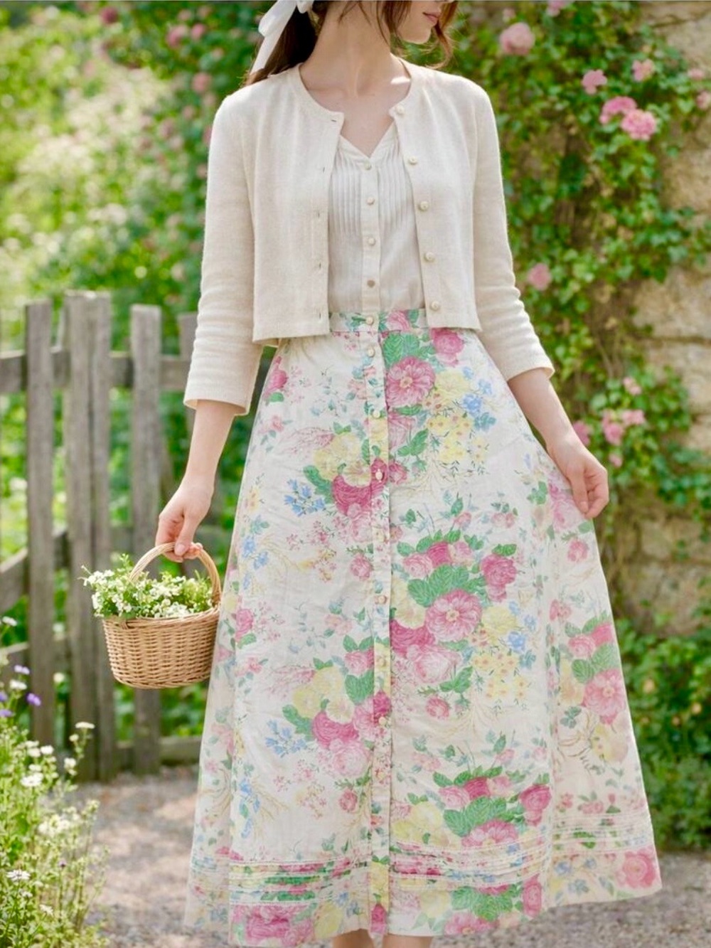 VTG Lauren Ralph Lauren Floral Cottagecore Cabbage Rose Buttoned Maxi Skirt 14W